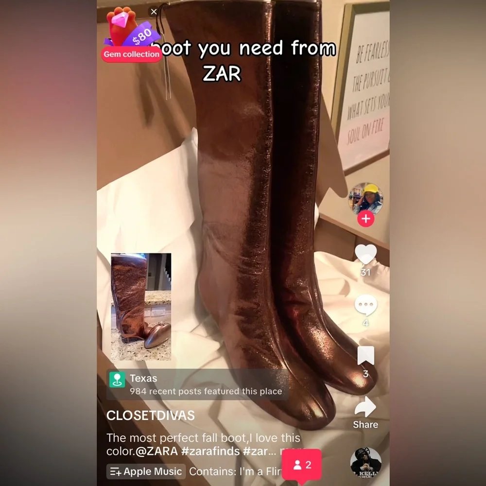 Zara Woman Metallic Kitten Heel Knee Boots Gold Bronze - Picture 14 of 15